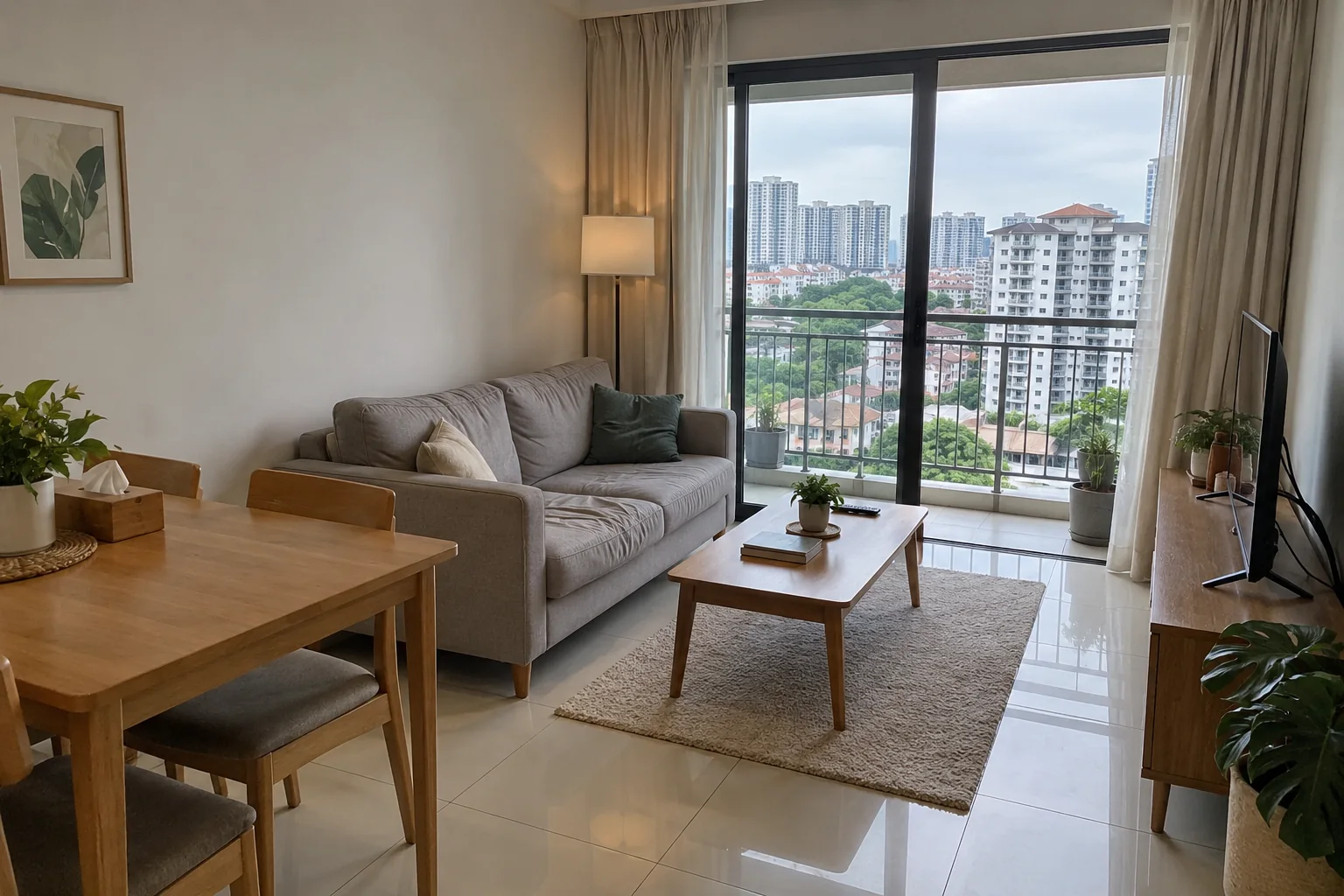 Contemporary apartment living room with warm finishes and a view of Kuala Lumpur